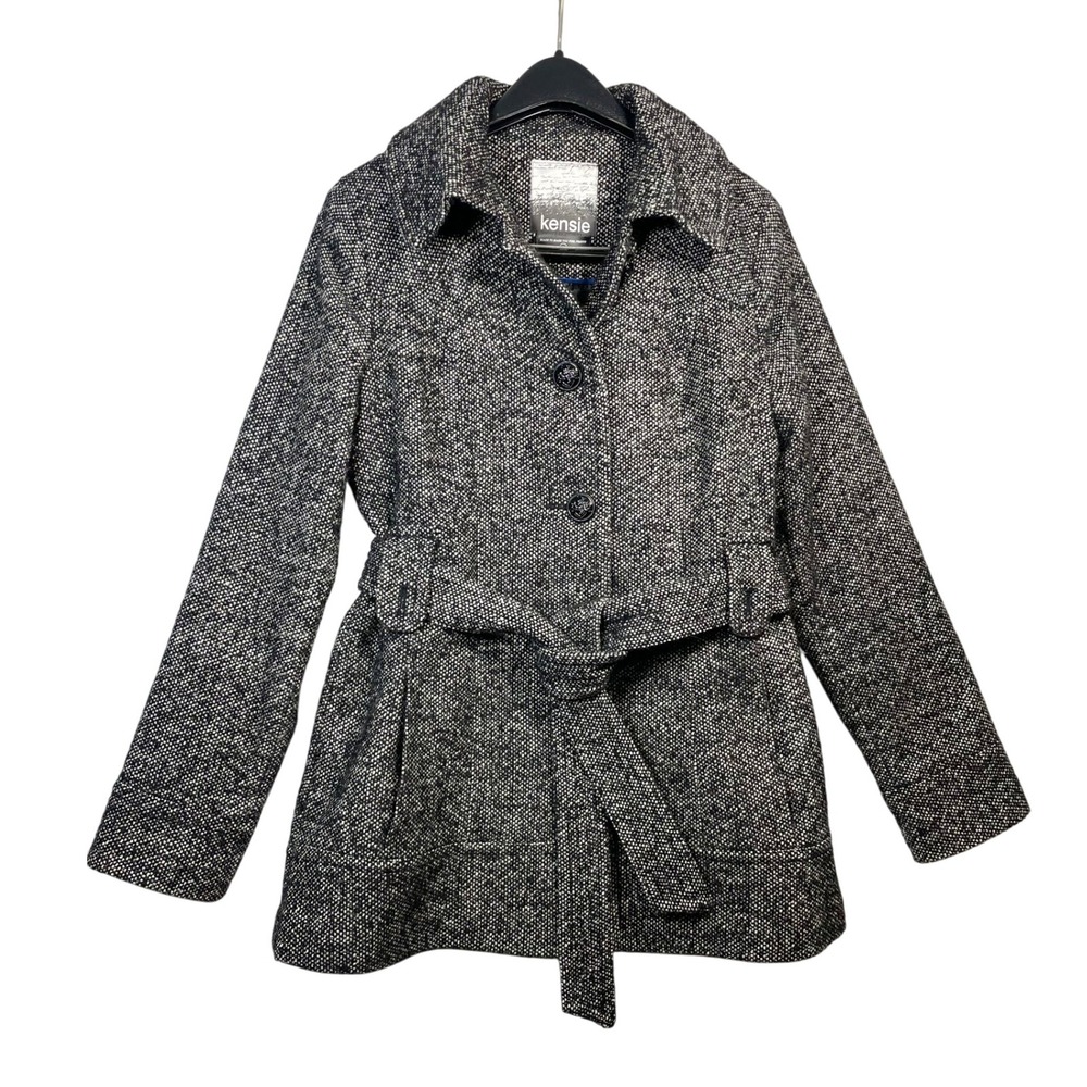 Kensie Women Gray Tweed Belted Pea Wool Coat Jacket Size M Winter Outerwear